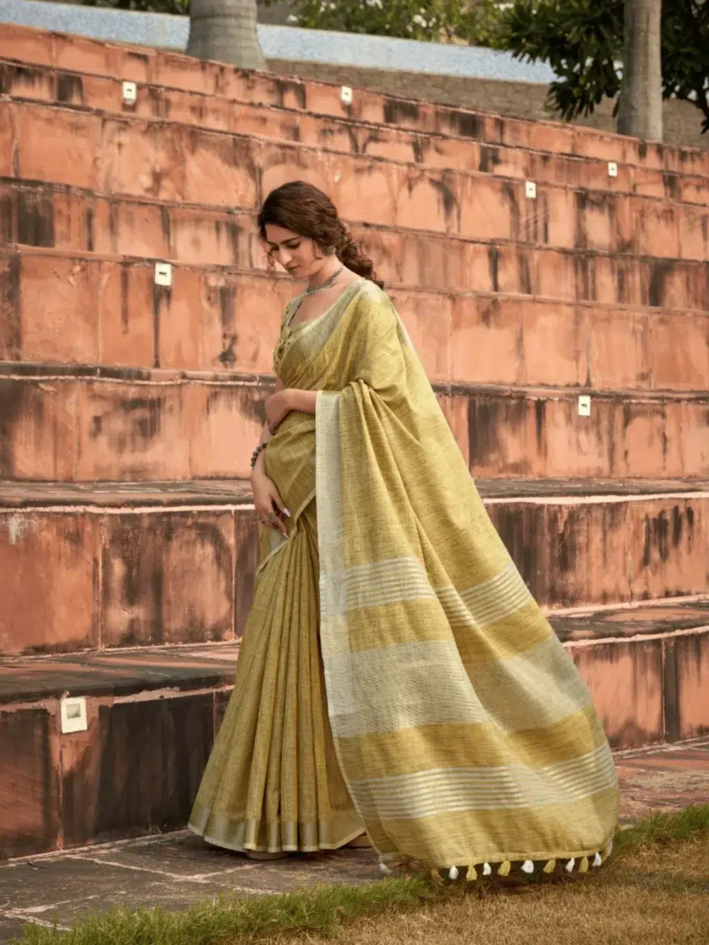 Yellow Soft Linen Saree for Women - Designer Traditional Saree