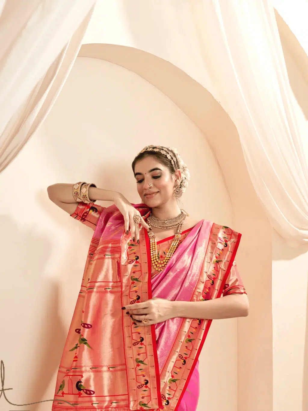 Pink Paithani Tissue Silk Saree - Image 3