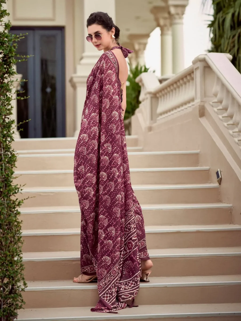 Beautiful Purple Printed Mal Mal Silk Saree - Image 3