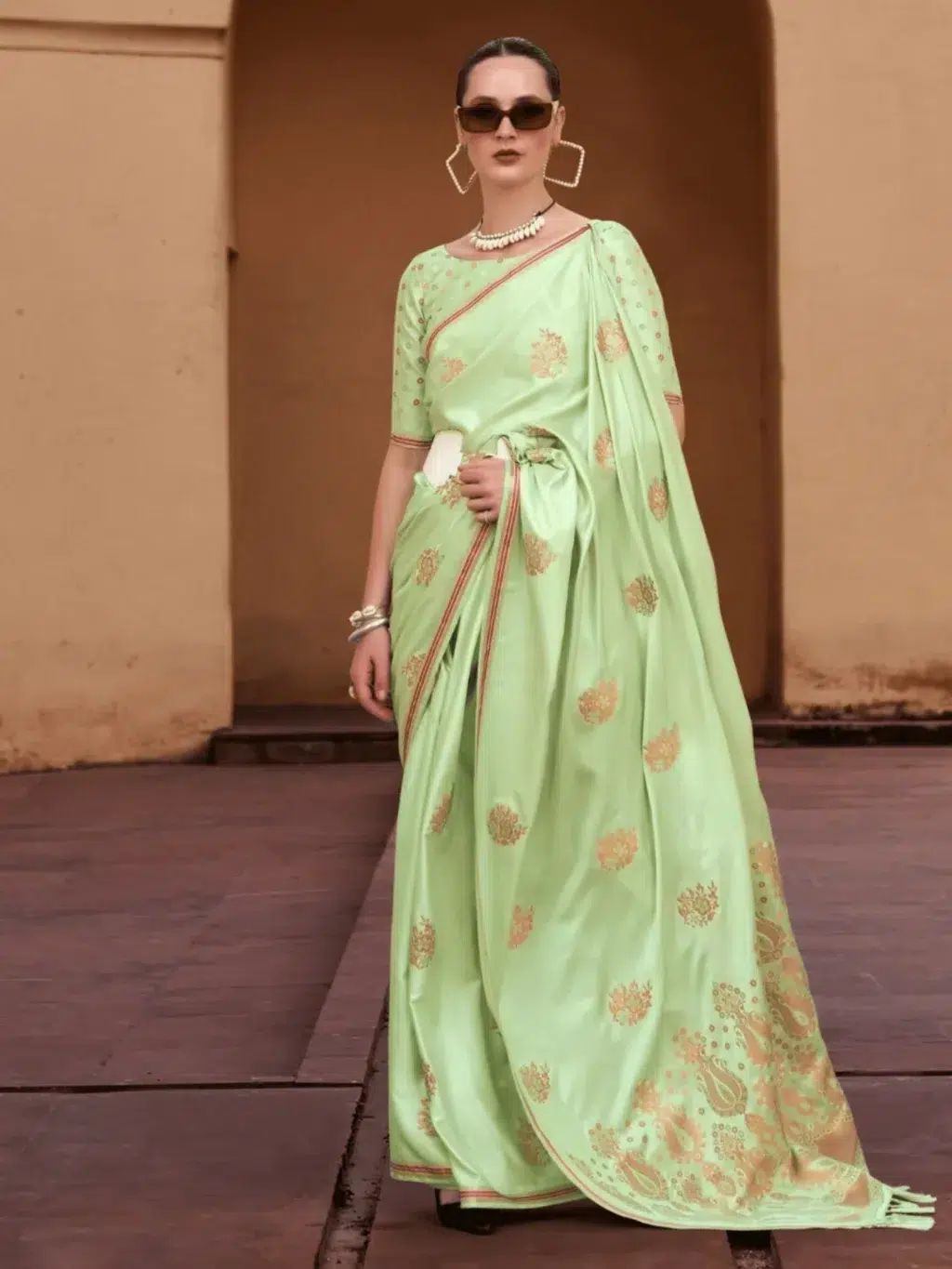 Green Pure Sattin Saree for Women - Designer Traditional Saree