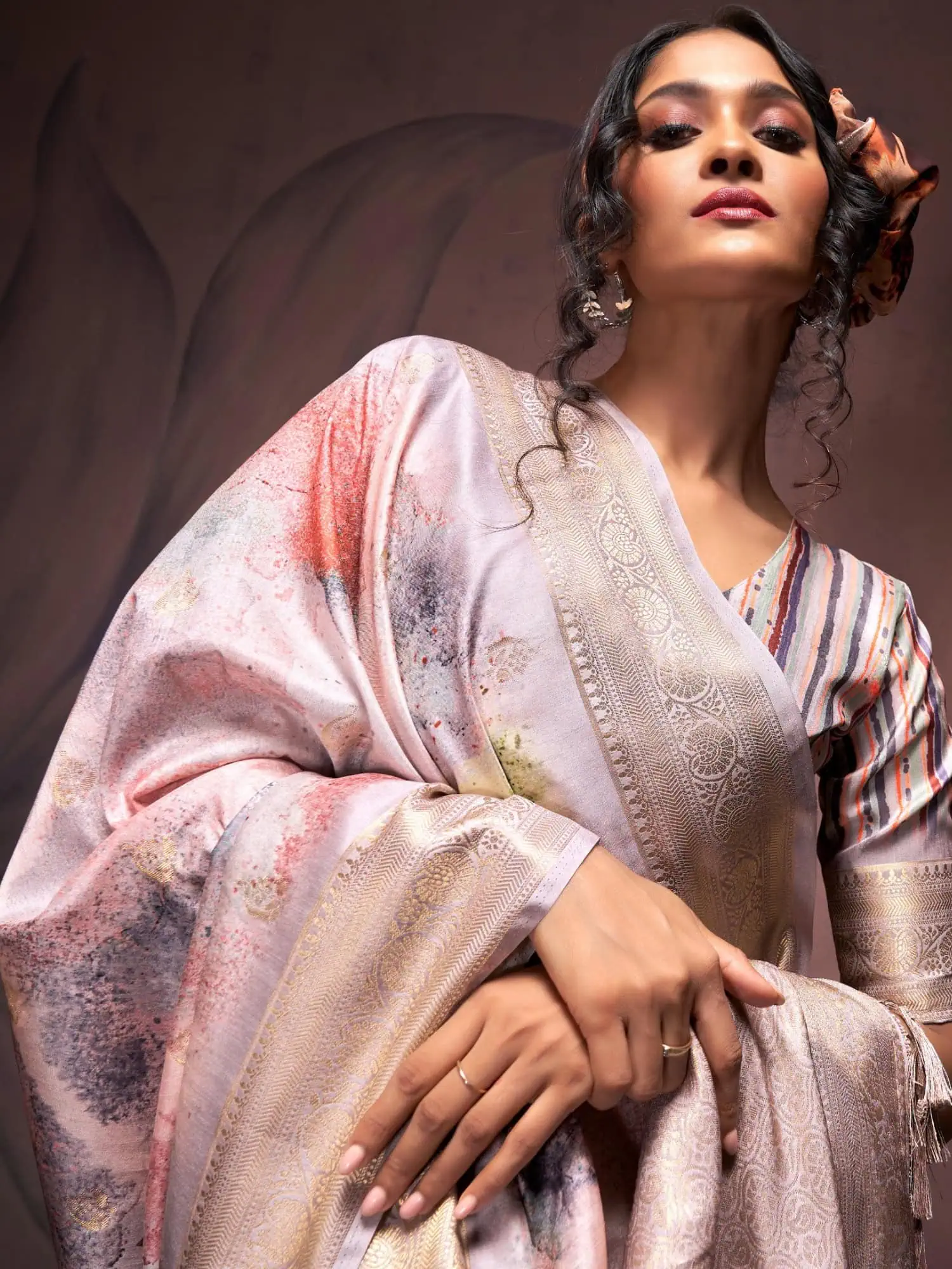 Grey Print Handloom Silk Saree