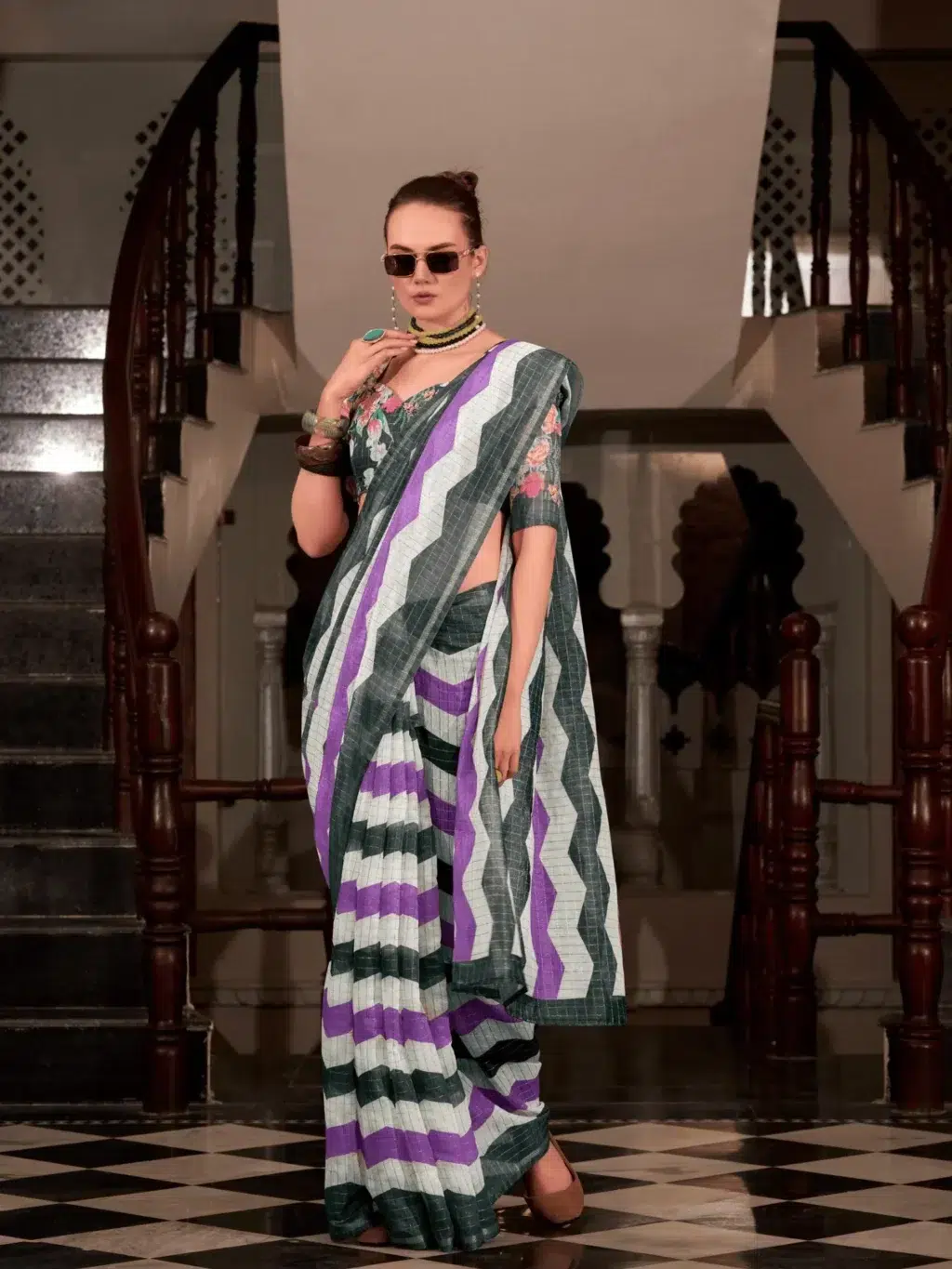 Green Greenish Purple Saree for Women - Designer Traditional Saree