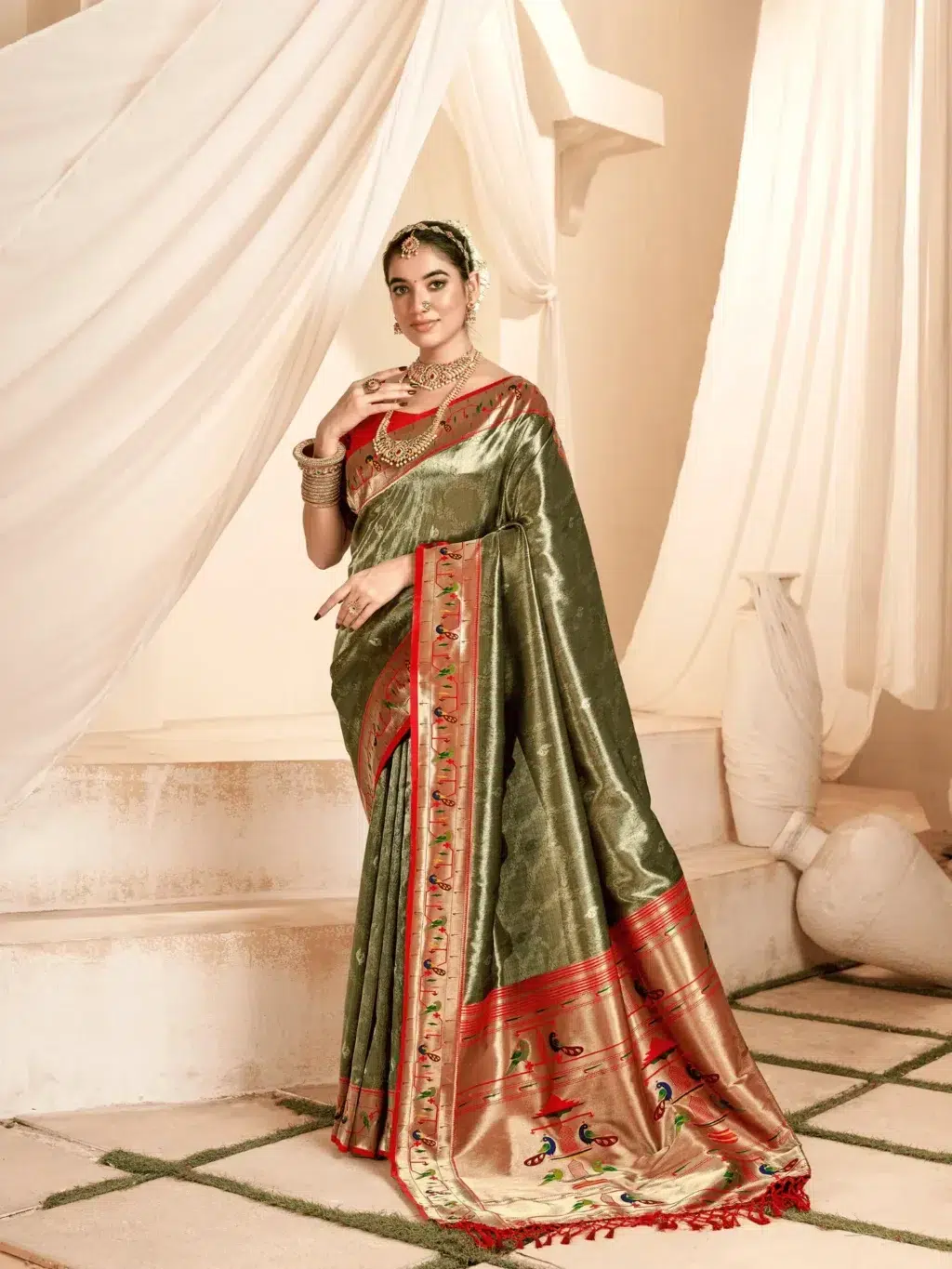 Green Paithani Tissue Saree for Women - Designer Traditional Saree