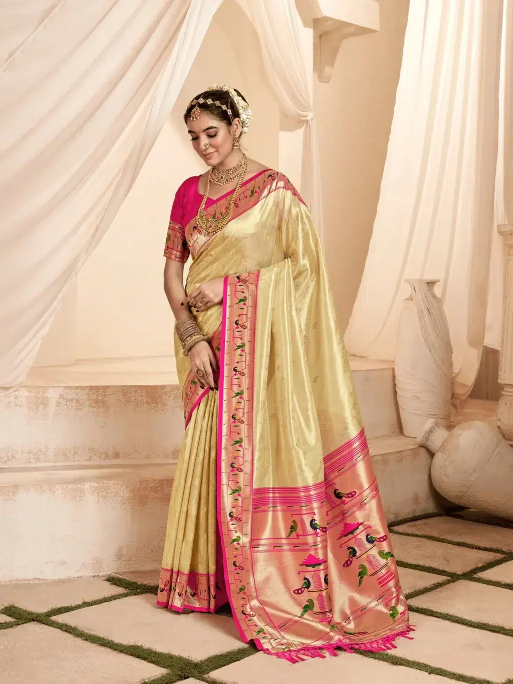 Golden Paithani Tissue Saree for Women - Designer Traditional Saree