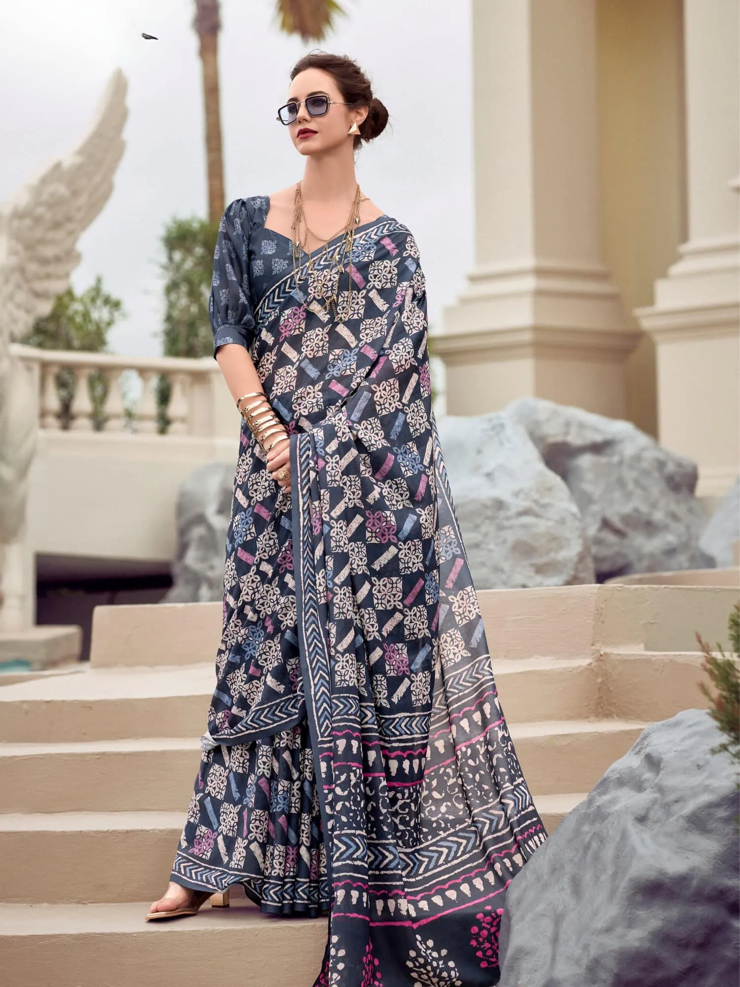 Printed Floral Blue Mal Mal Silk Saree