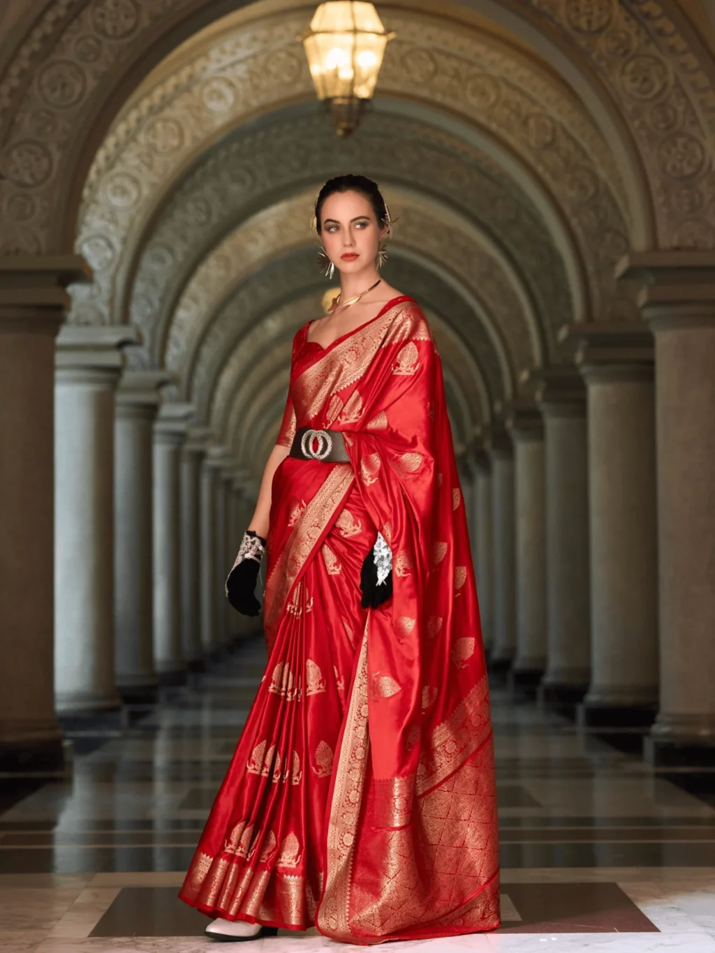 Red Satttin Munga Saree for Women - Designer Traditional Saree