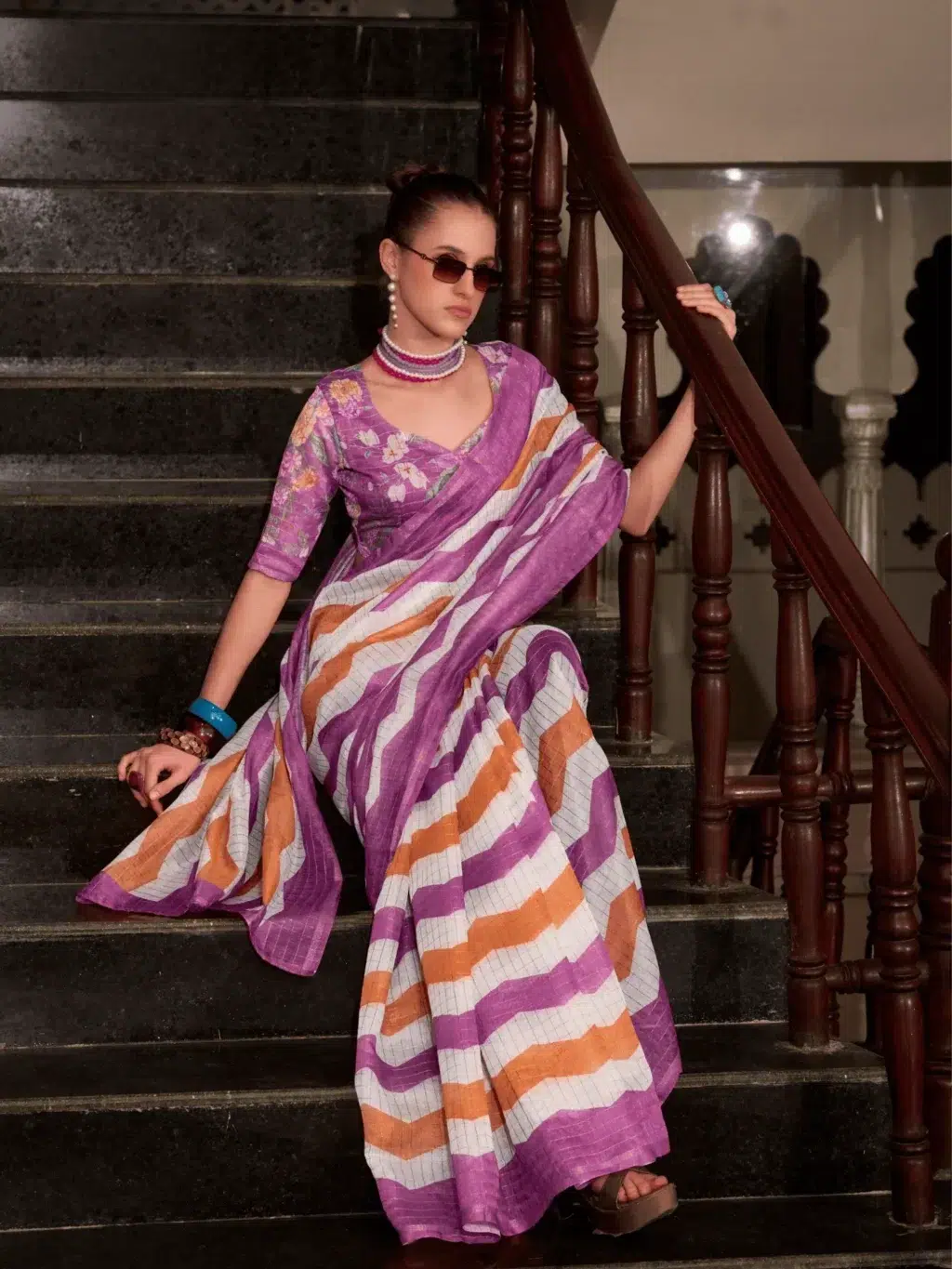 Purple Linen Cotton Saree - Image 3