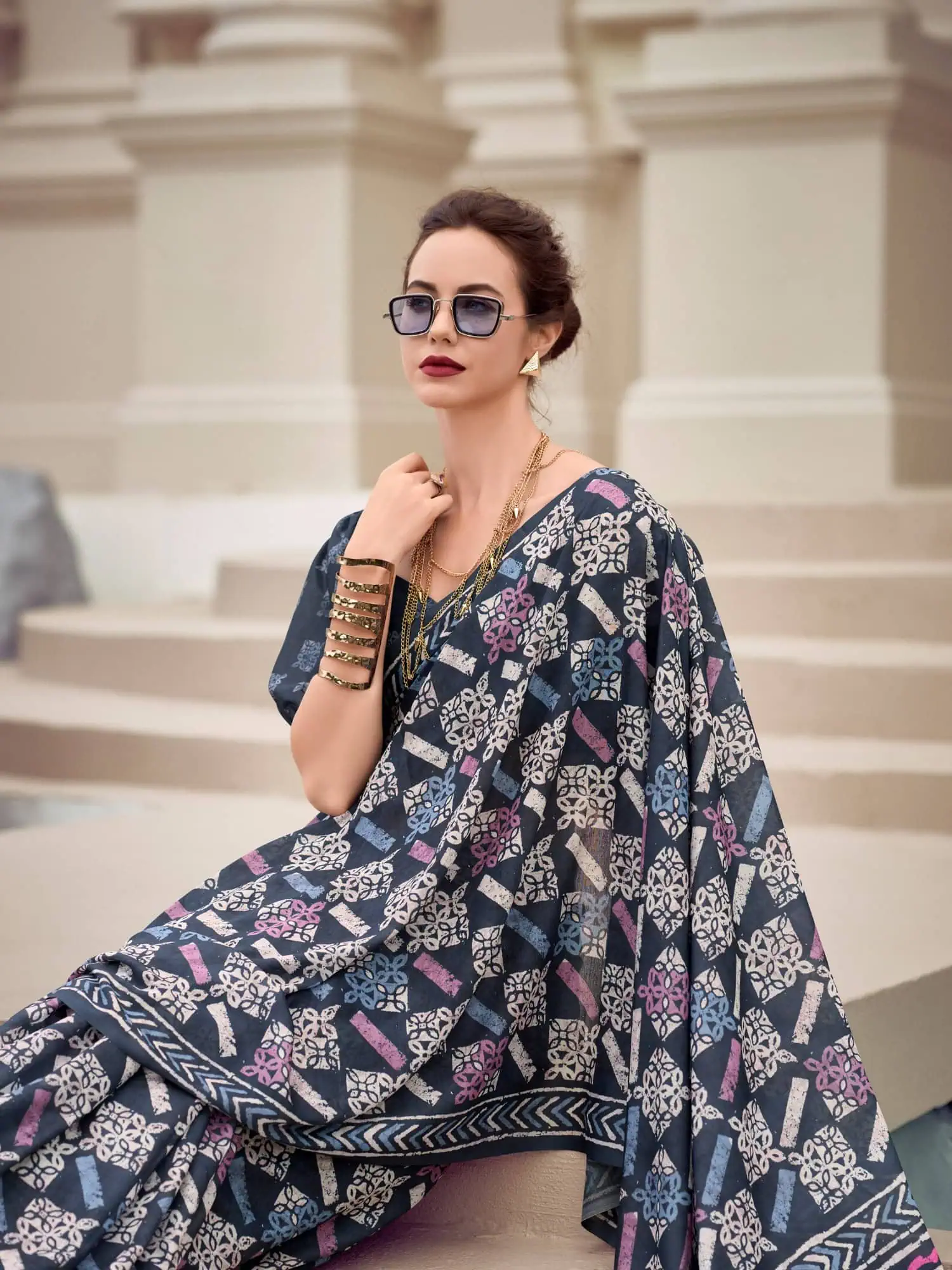Printed Floral Blue Mal Mal Silk Saree