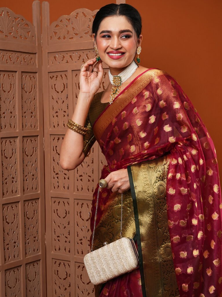 Heritage Burgundy Banarasi Organza Wedding Saree - Organza Saree