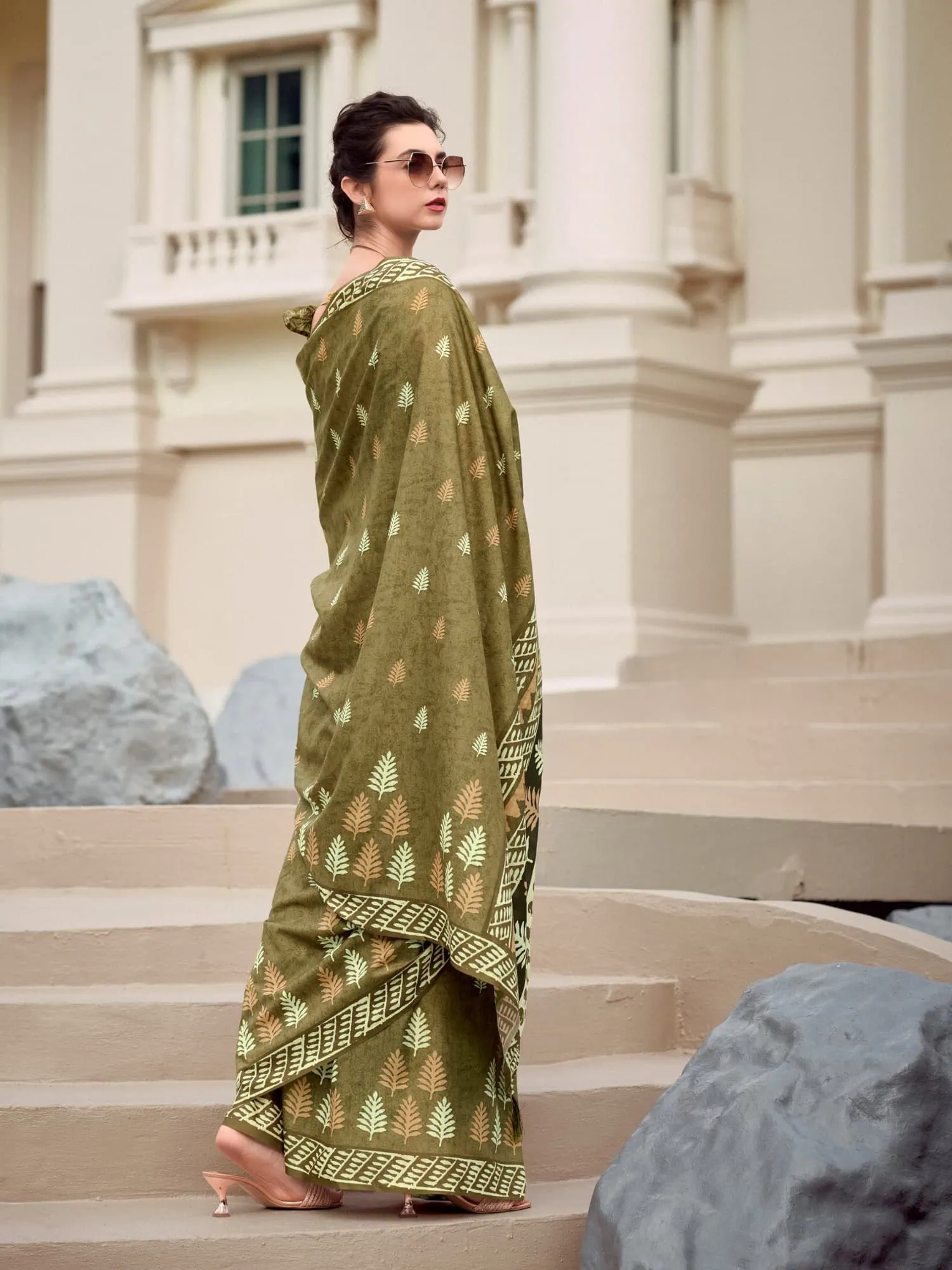 Olive Green Printed Mal Mal Silk Saree