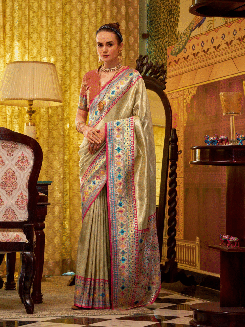 Cream  Tissue Silk Saree for Women - Designer Traditional Saree