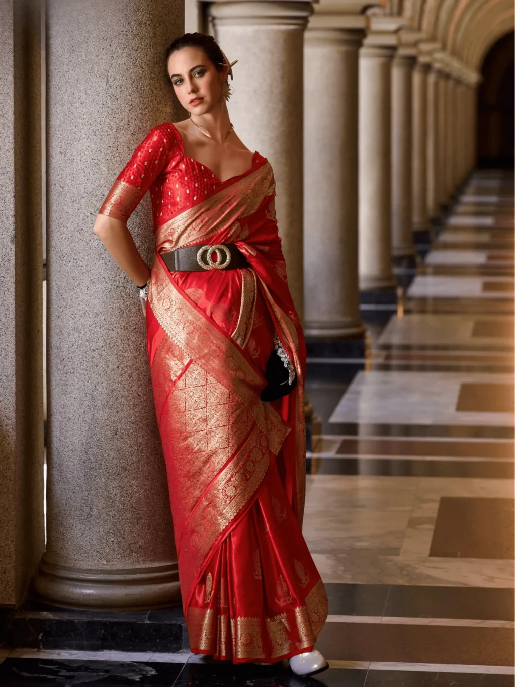 Red Satttin Munga Silk Saree - Image 3