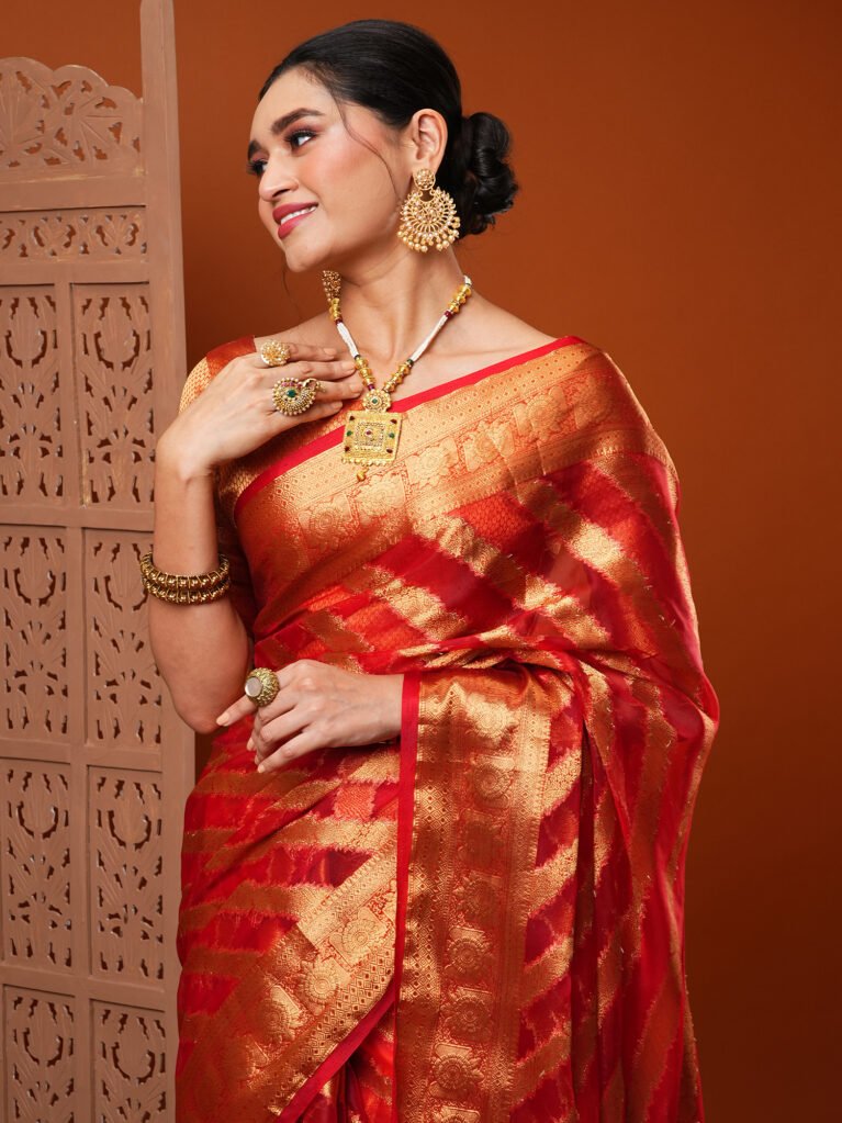 Regal Red Organza Zari Wedding Saree - Organza Saree