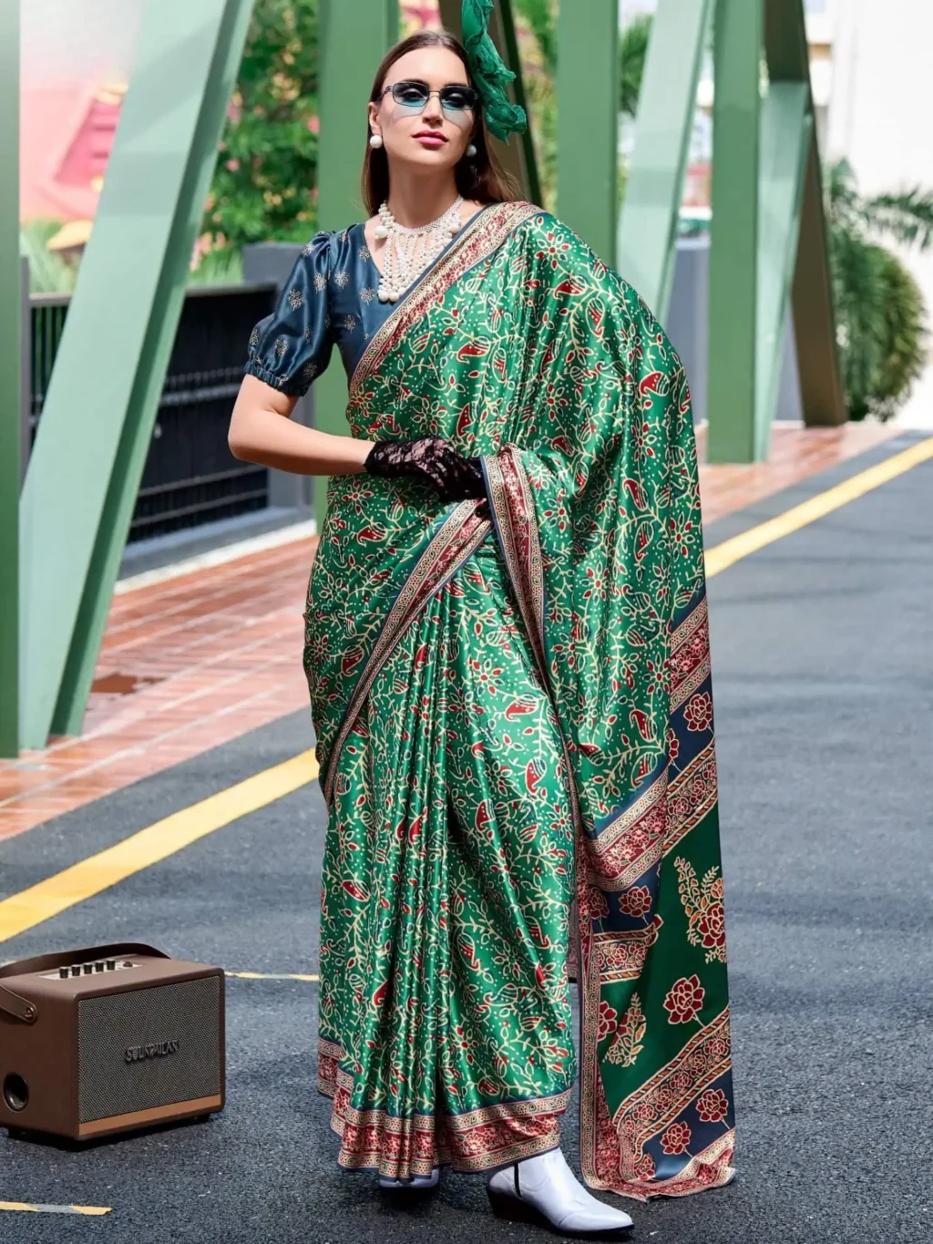Green Sattin Crape Saree for Women - Designer Traditional Saree