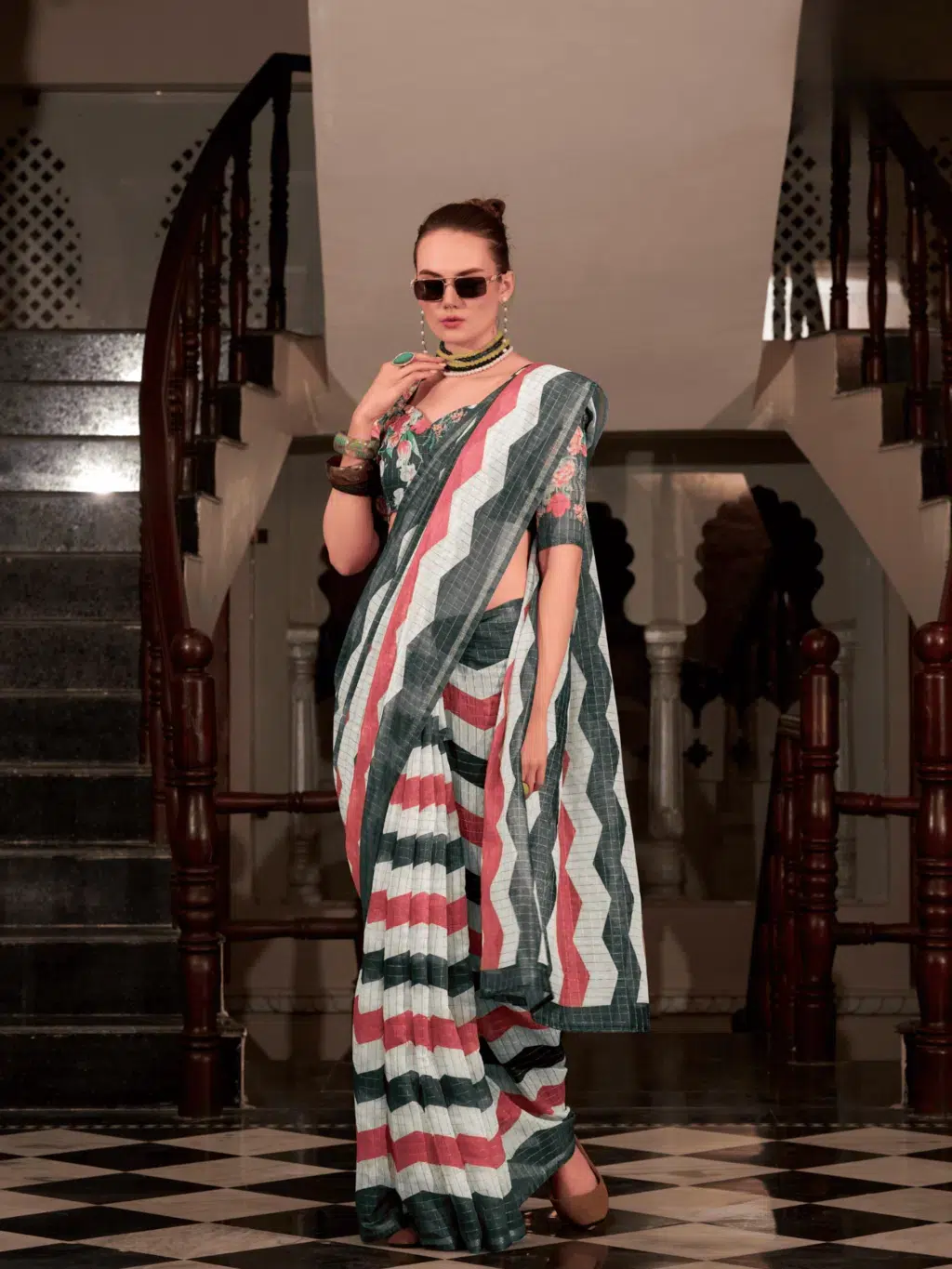 Green Red Linen Saree for Women - Designer Traditional Saree