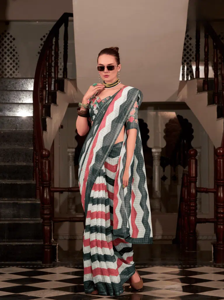 Green Red Linen Saree for Women - Designer Traditional Saree