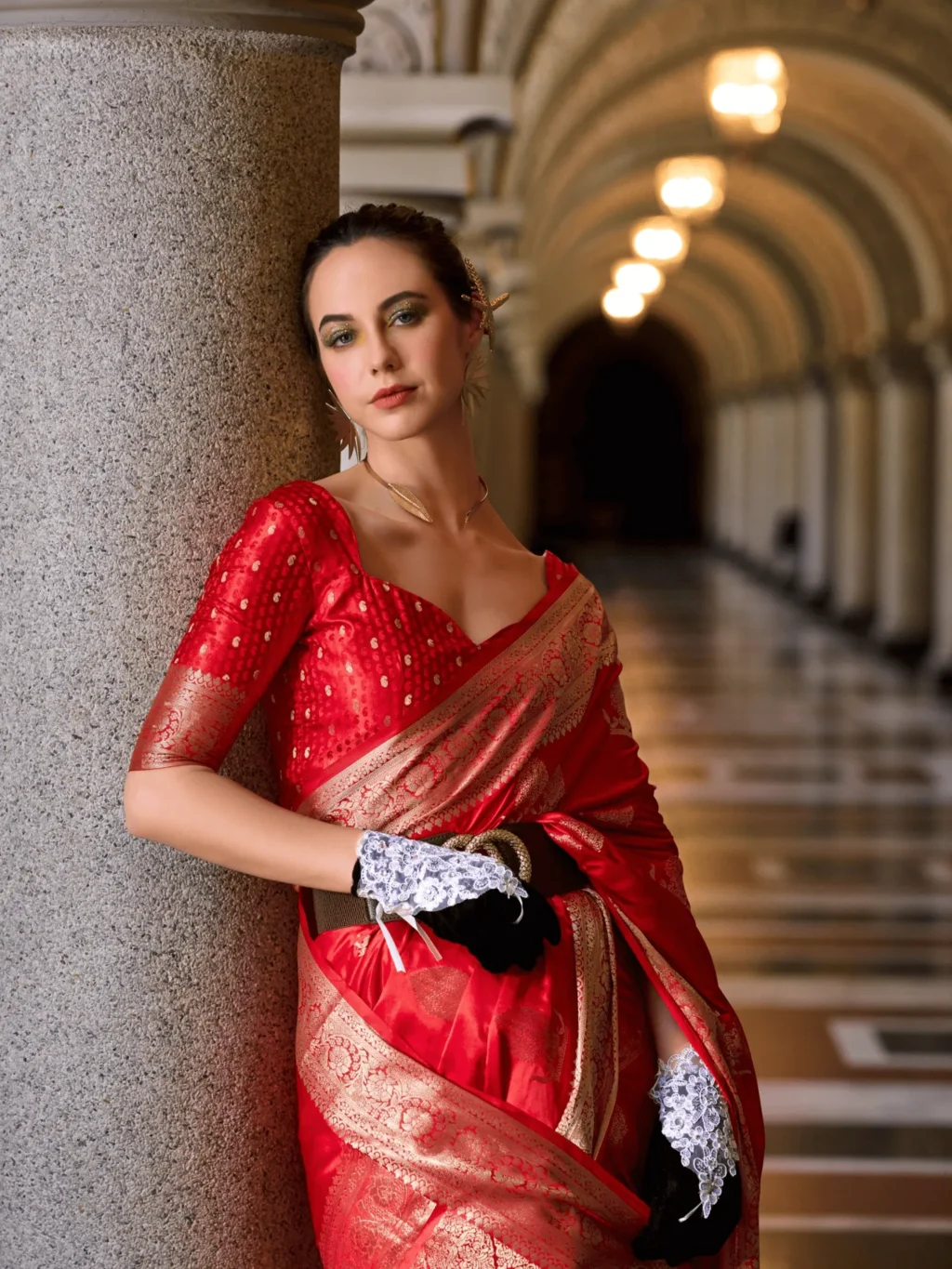 Red Satttin Munga Silk Saree - Image 4