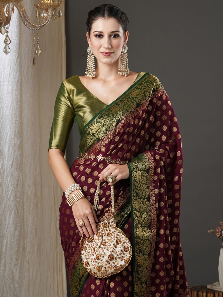 Exquisite Burgundy Georgette Banarasi Saree - Banarasi Saree