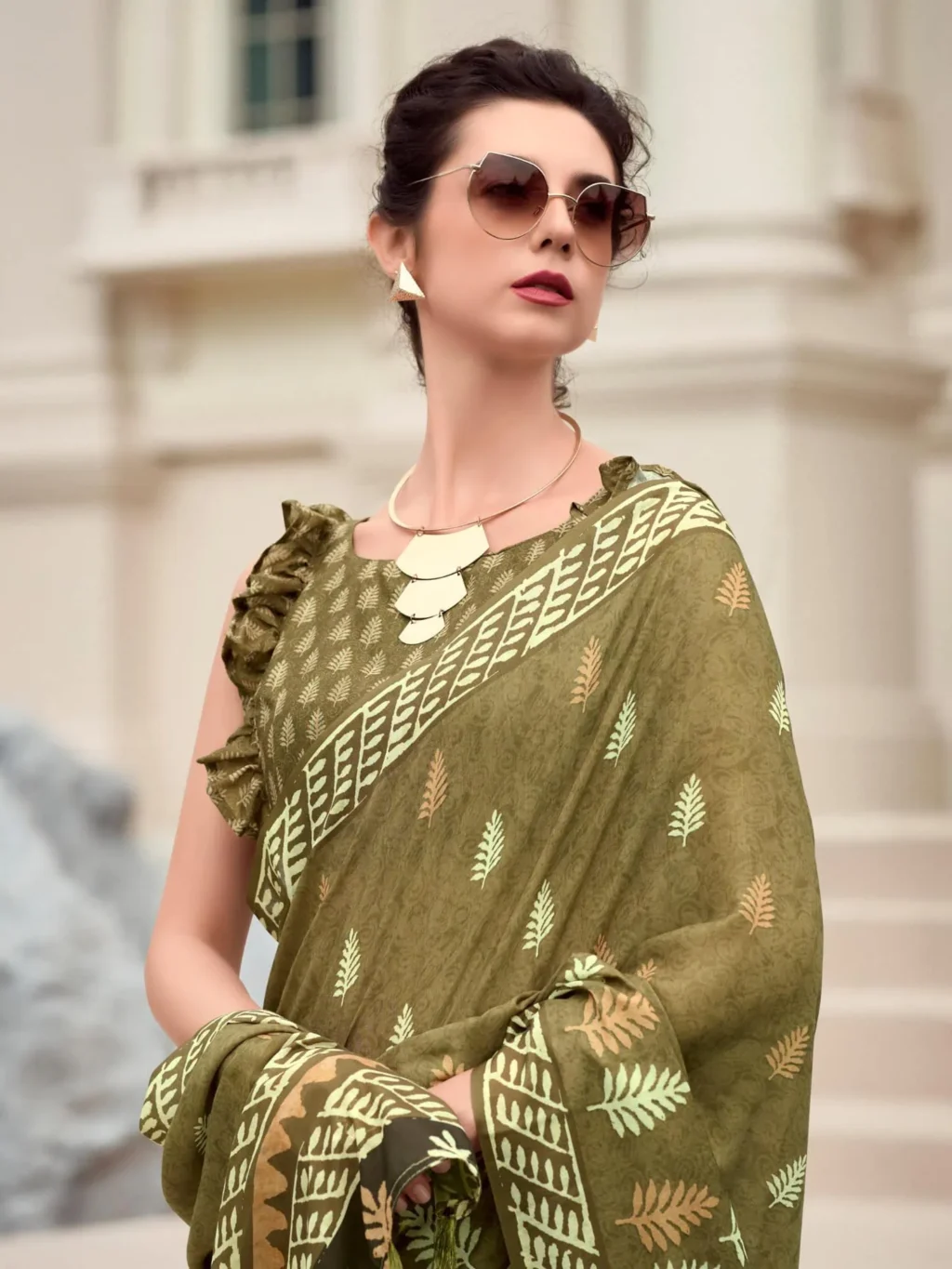 Olive Green Printed Mal Mal Silk Saree - Image 3