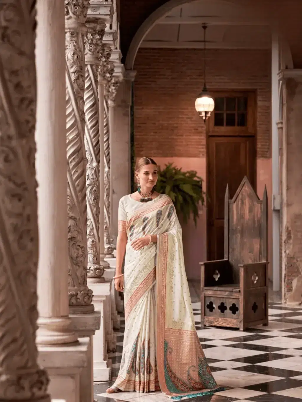 Cream Soft Silk Saree for Women - Designer Traditional Saree