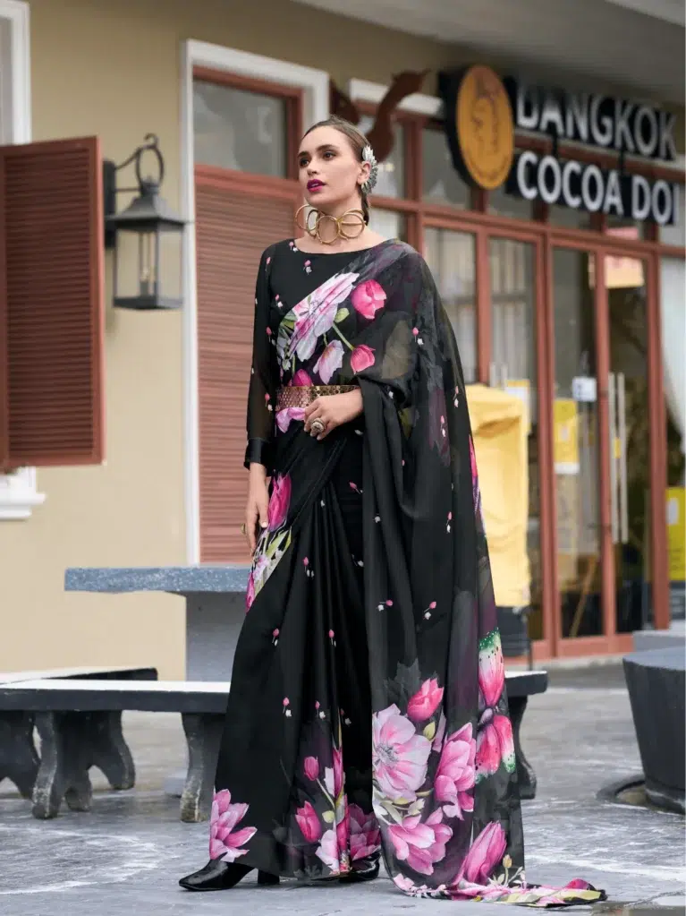 Black Pure Georgette Saree for Women - Designer Traditional Saree