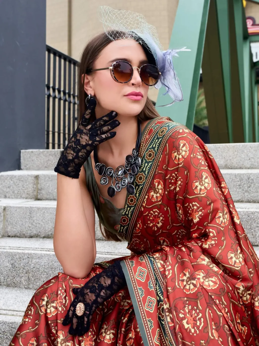 Red Sattin Crape Saree - Image 3