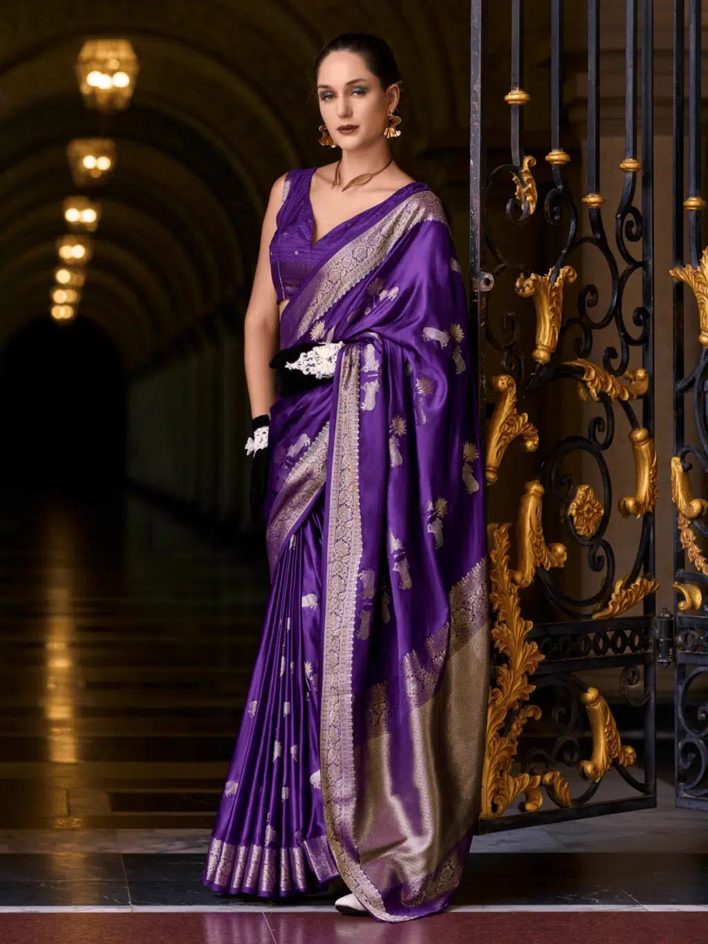 Violet Satttin Munga Saree for Women - Designer Traditional Saree