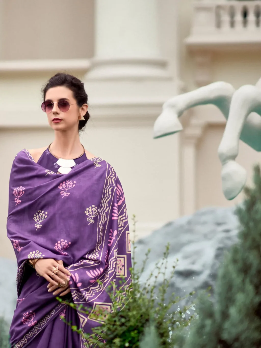 Purple Printed Mal Mal Silk Saree - Image 3