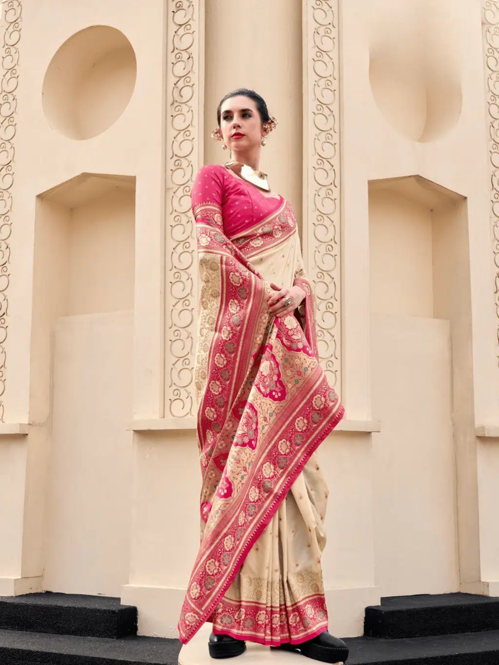 Cream Pure Soft Saree for Women - Designer Traditional Saree