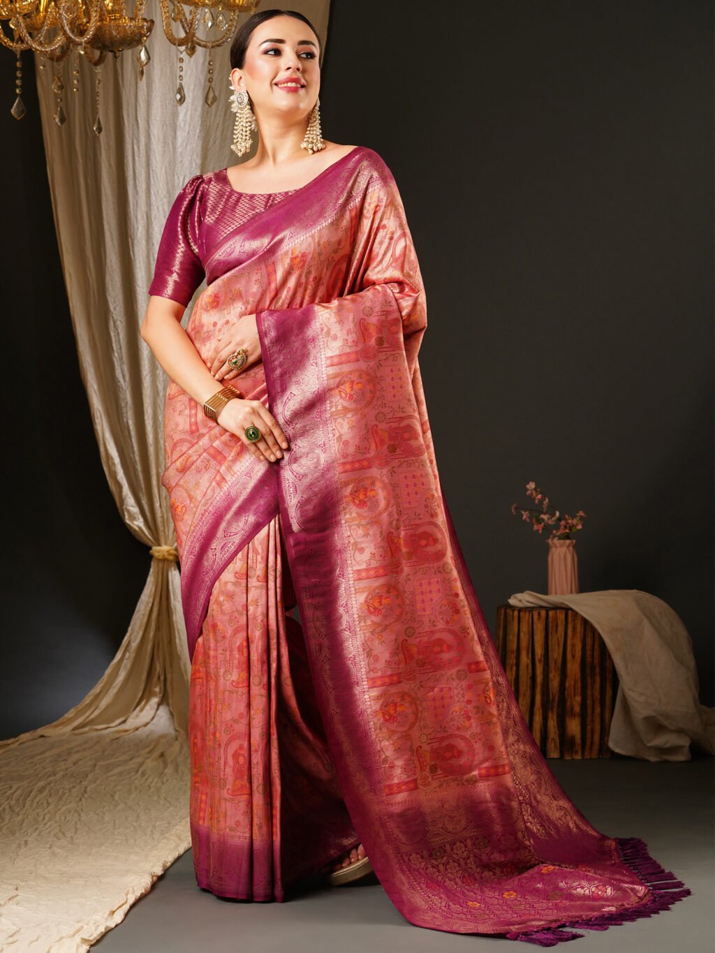 Peach Pink Banarasi Silk Saree - Sarees