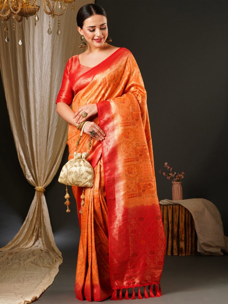 Graceful Orange Banarasi Silk Saree - Sarees