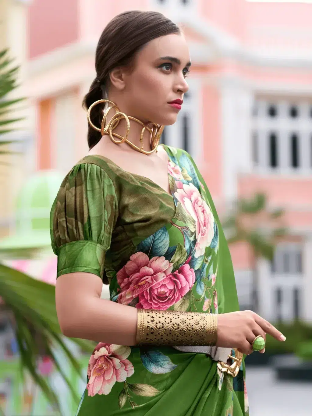 Green Printed Georgette Saree - Image 4