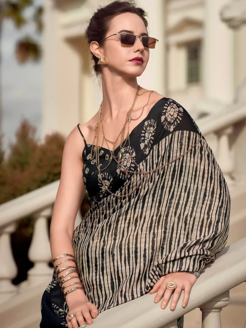 Creamish Black Printed Mal Mal Silk Saree - Image 3
