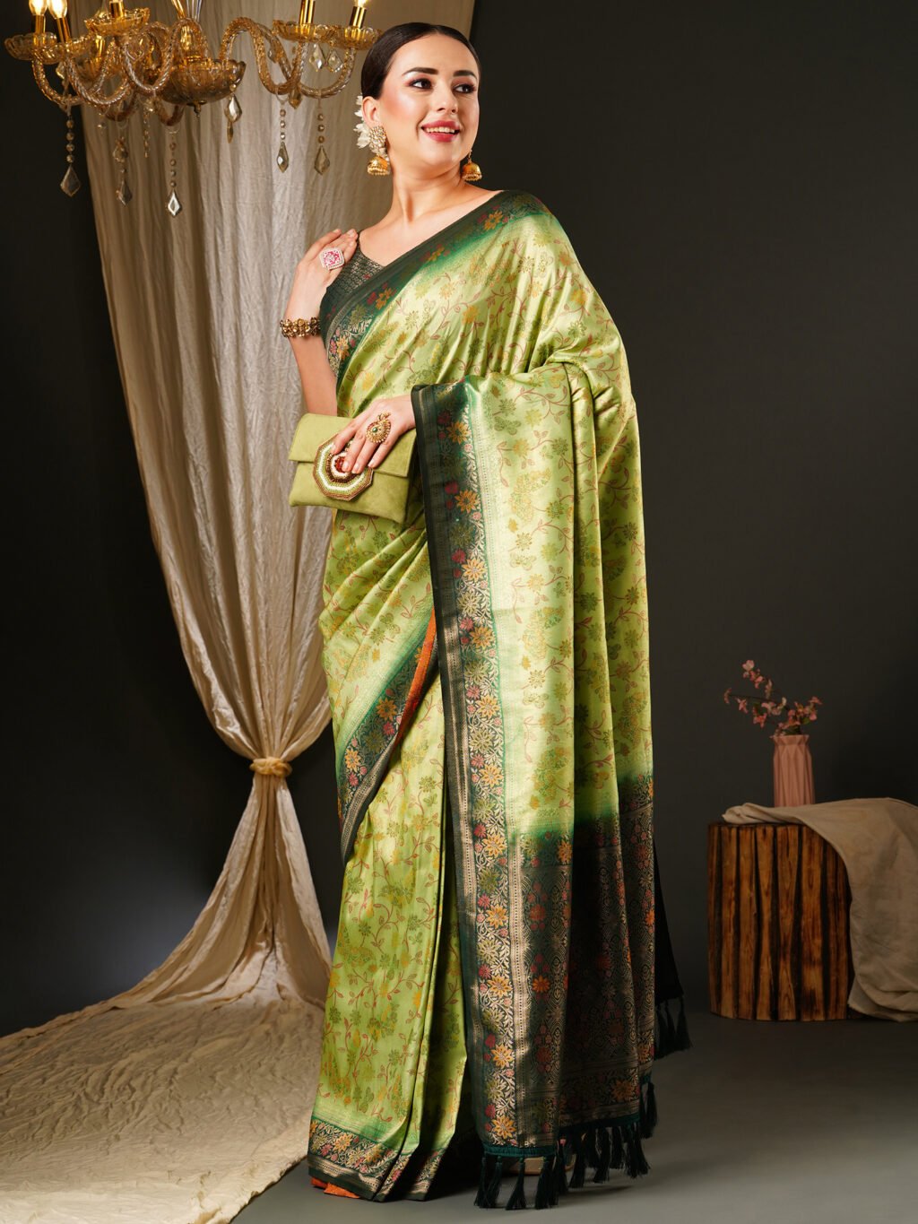 Light Green Banarasi Floral  Silk Saree - Sarees