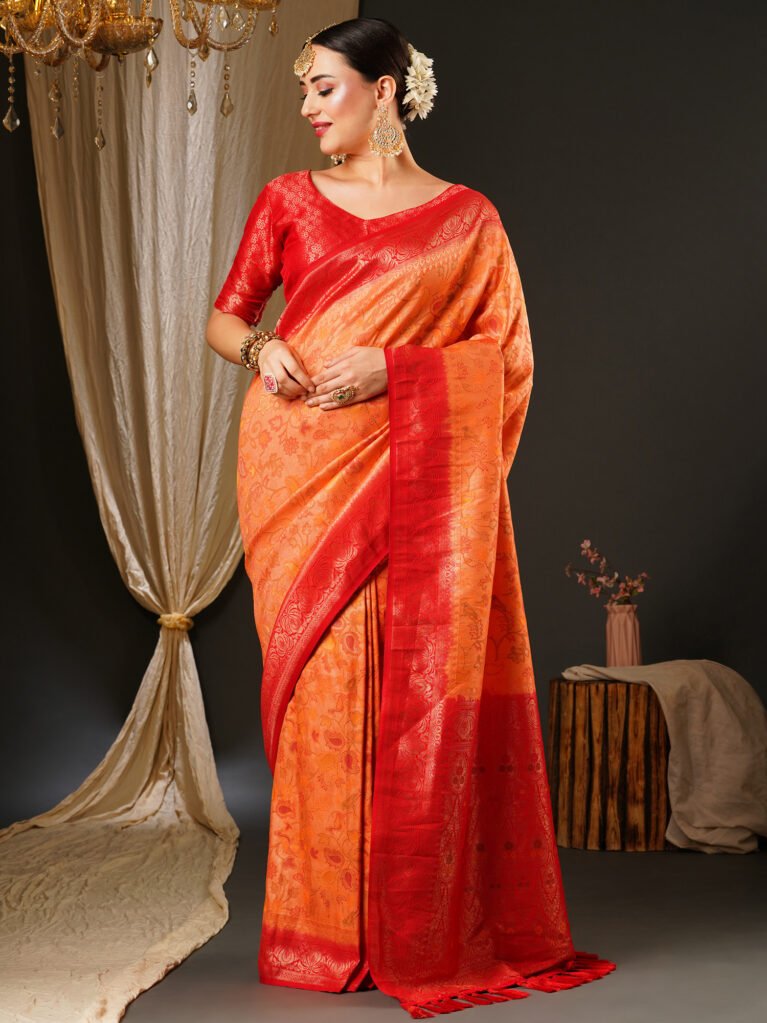 Orange Banarasi Silk Saree - Sarees
