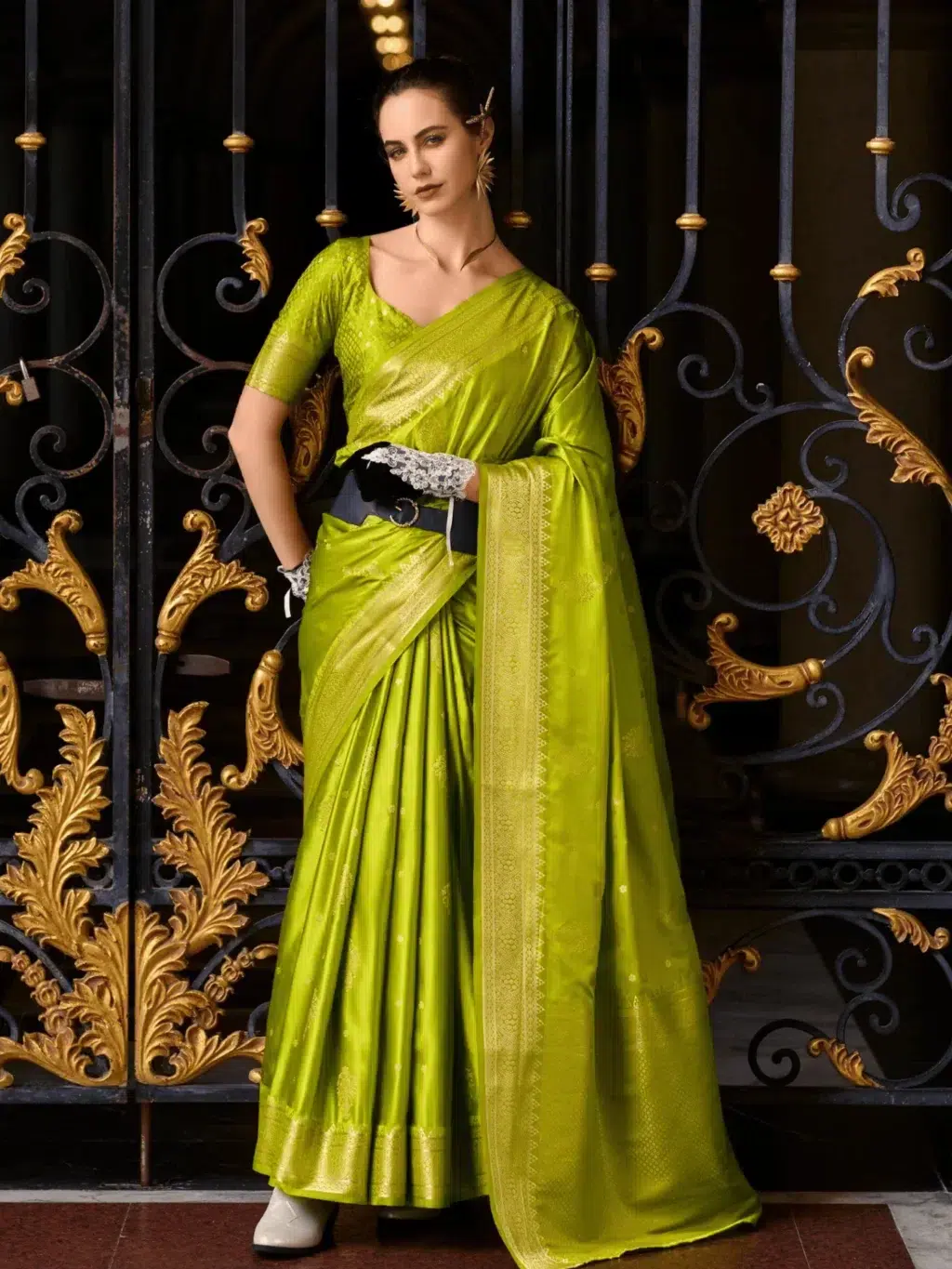 Green Satttin Munga Saree for Women - Designer Traditional Saree