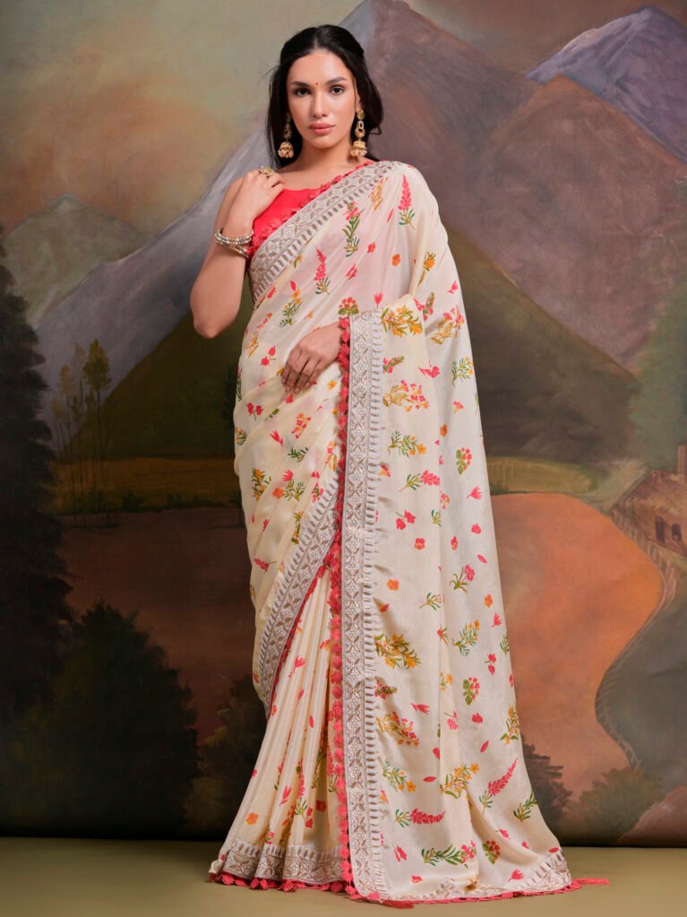 Special Off White Sheer Chiffon Floral Saree - Chiffon Saree