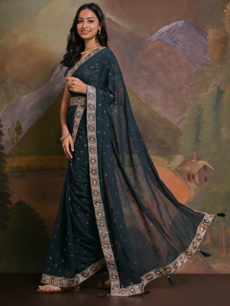Opulent Teal Blue Georgette Designer Sequins Saree - Georgette Saree