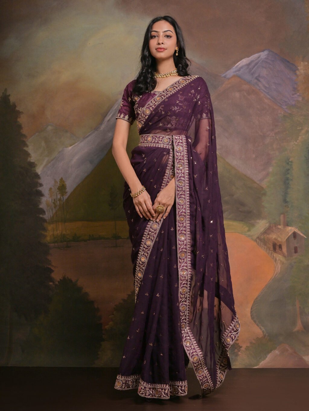 Purple Flowing Georgette Sequins Designer Saree - Georgette Saree