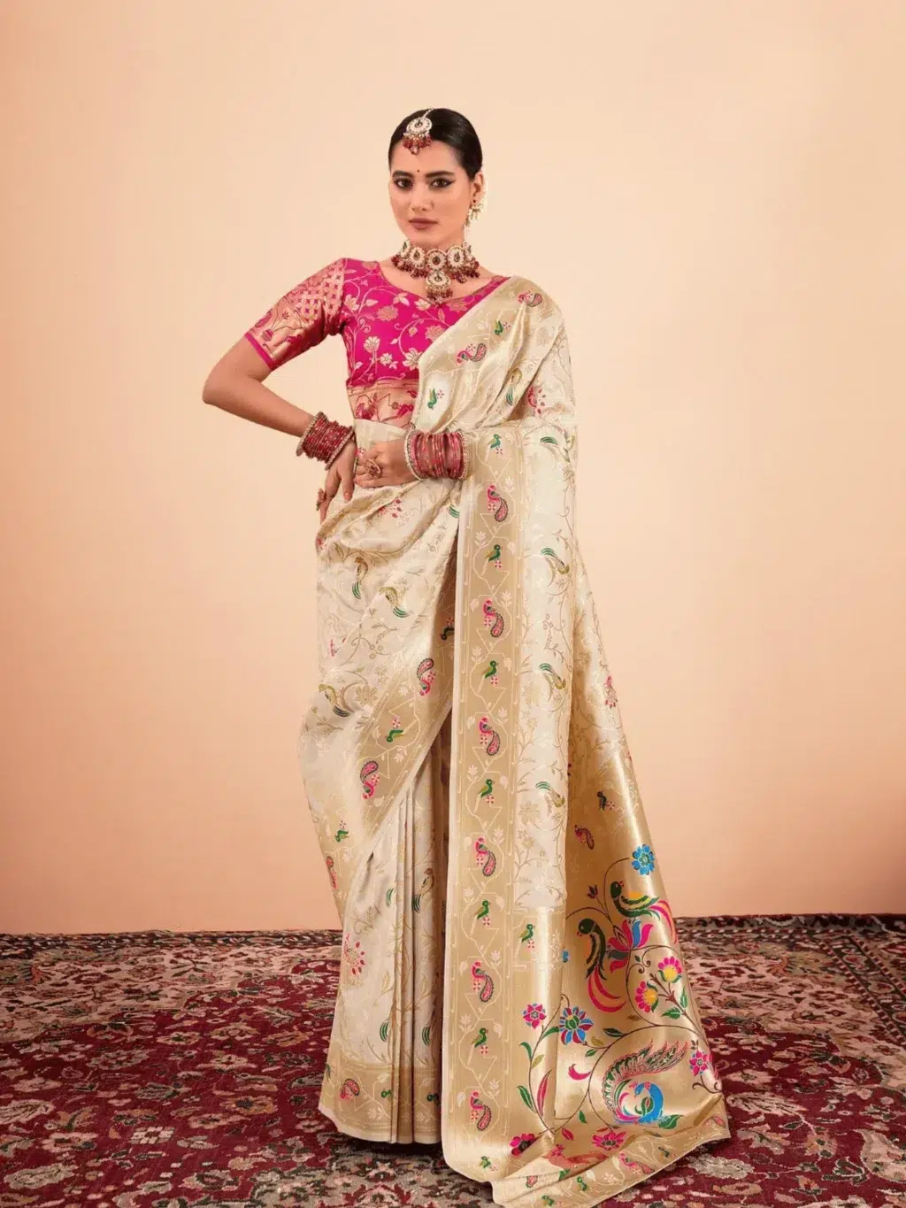 Cream Pathani Silk Saree for Women - Designer Traditional Saree
