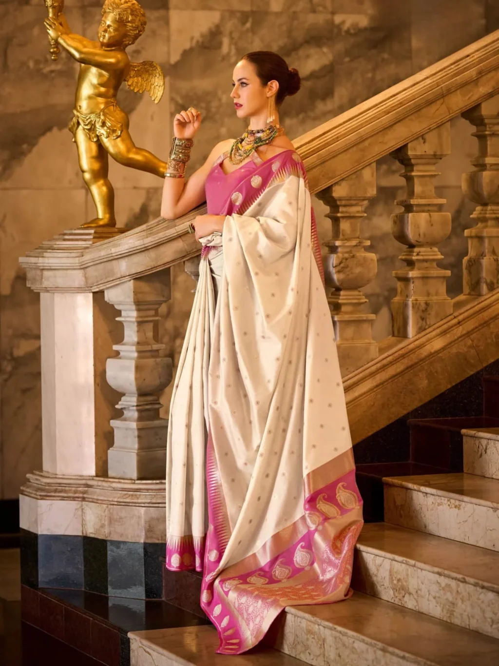 Cream Pinkish Cream Saree for Women - Designer Traditional Saree