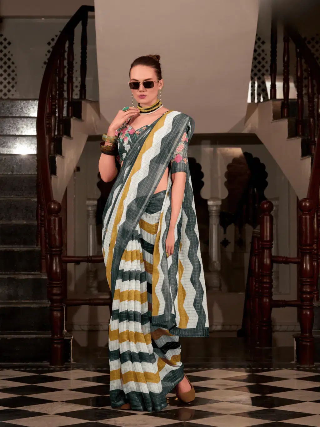 Green Yellow Linen Saree for Women - Designer Traditional Saree