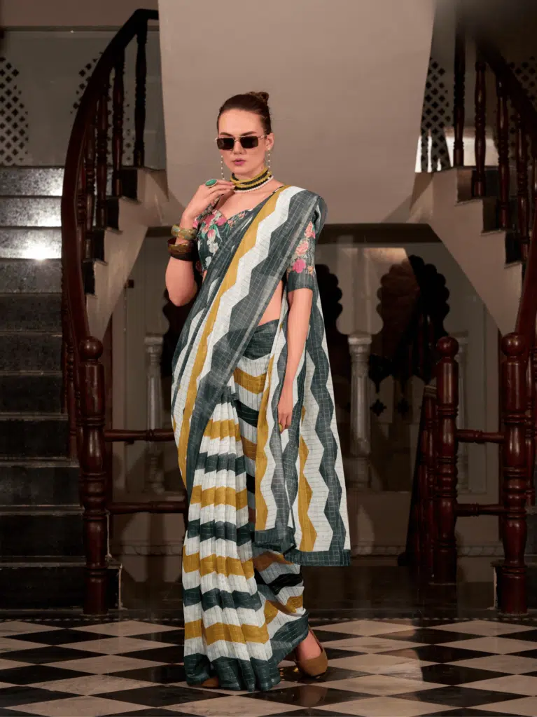 Green Yellow Linen Saree for Women - Designer Traditional Saree
