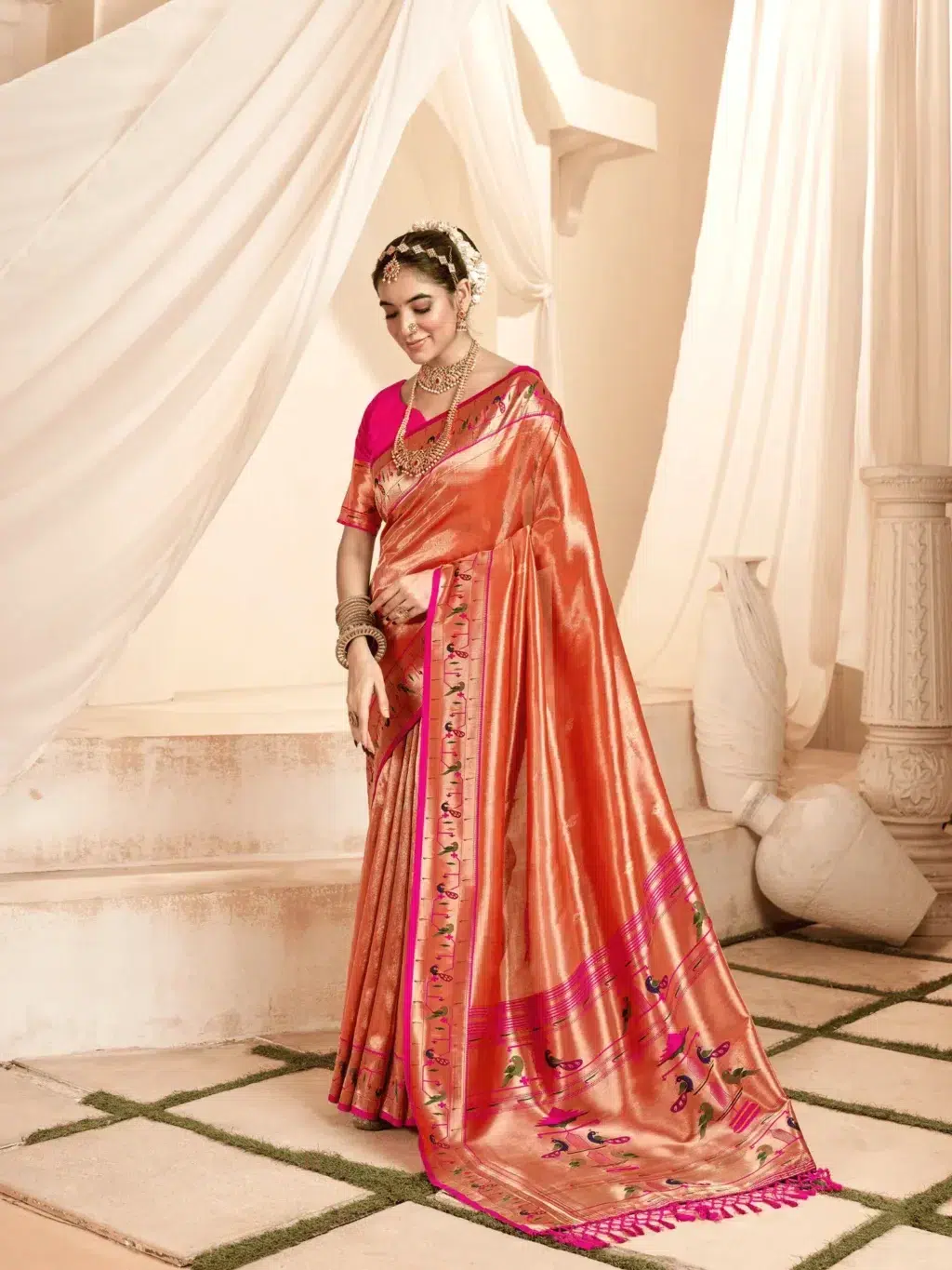 Orange Paithani Tissue Saree for Women - Designer Traditional Saree