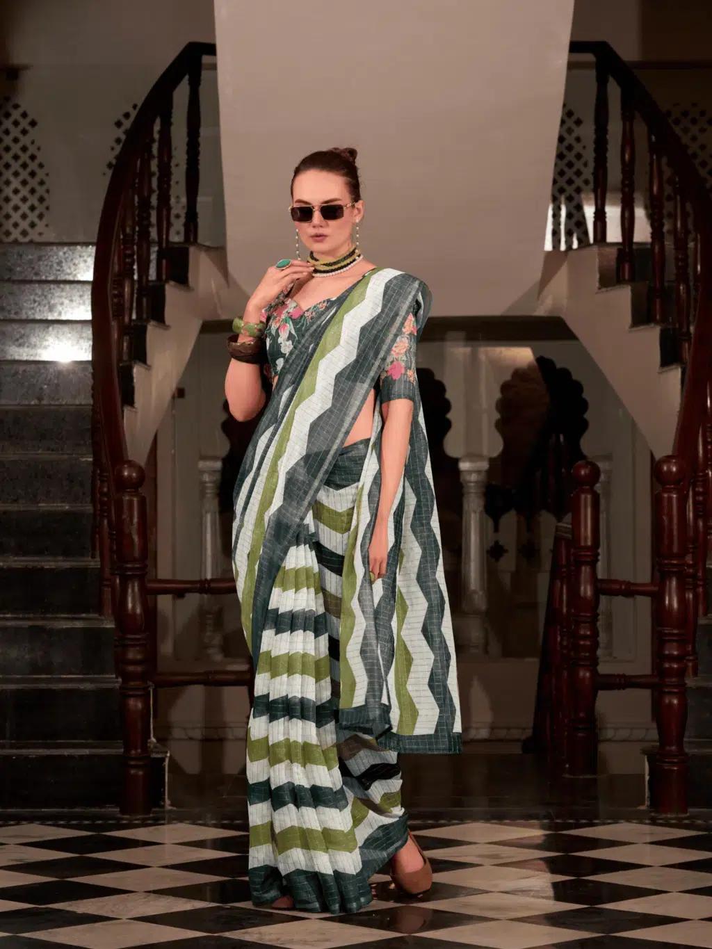 Green Green Linen Saree for Women - Designer Traditional Saree