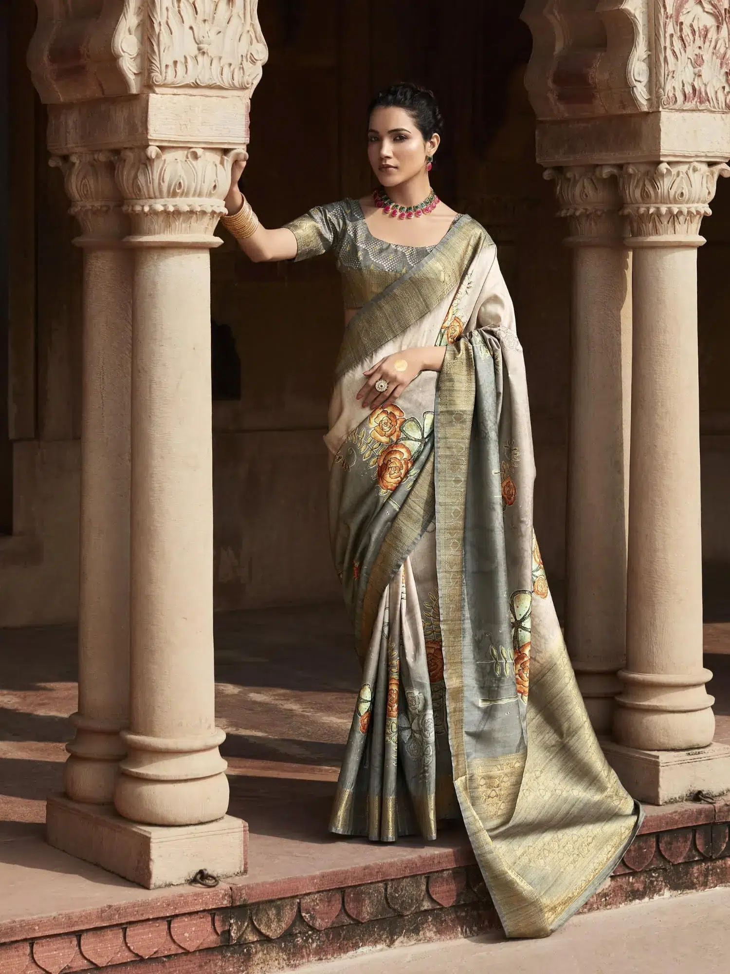 Floral Grey Handloom Silk Saree