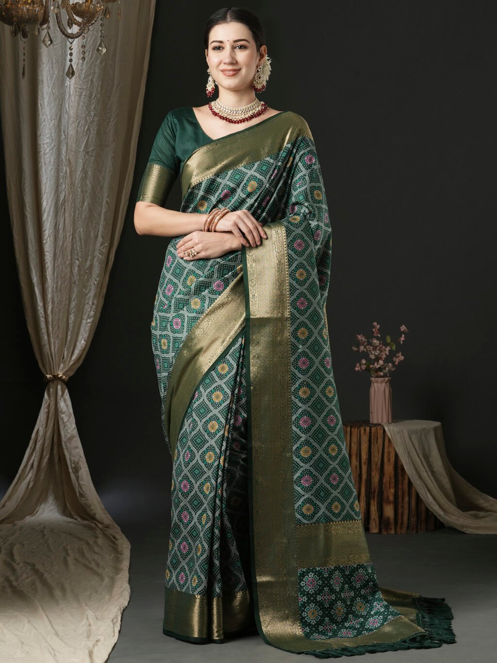 Graceful Dark Green Banarasi Silk Saree - Sarees
