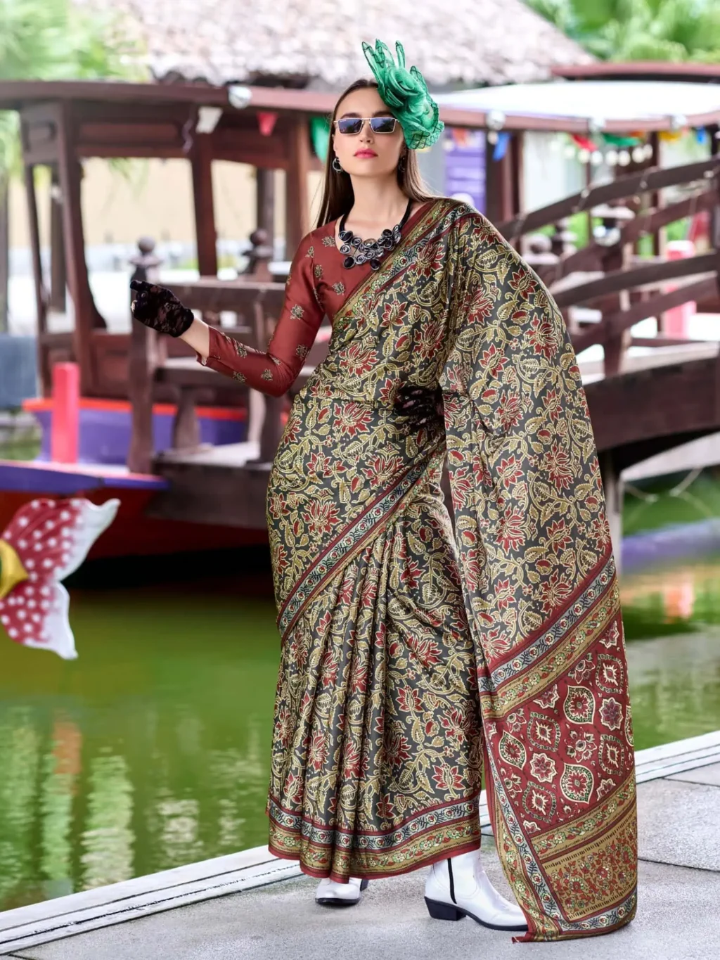 Green Green Sattin Saree for Women - Designer Traditional Saree