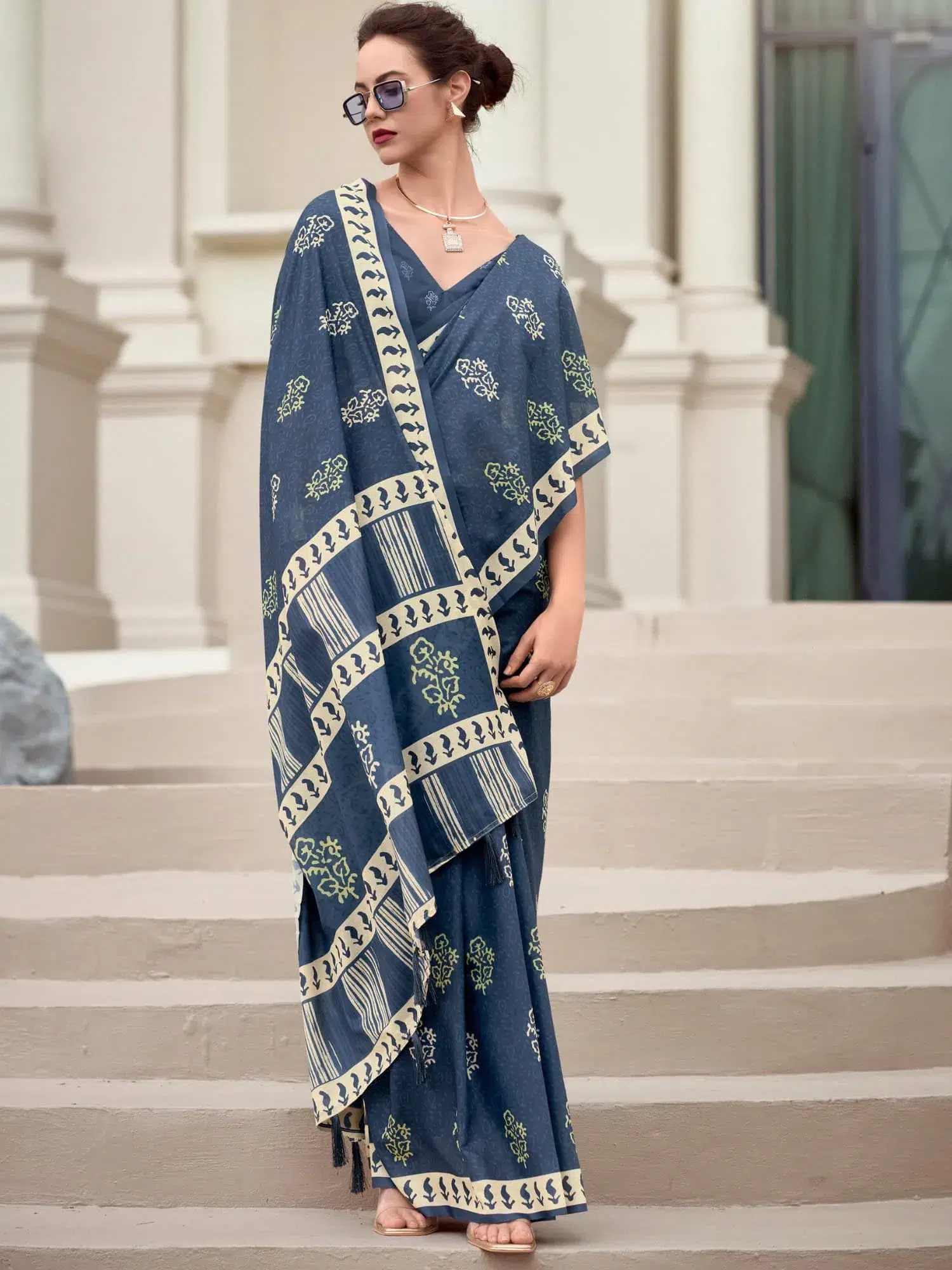 Blue Printed Mal Mal Silk Saree