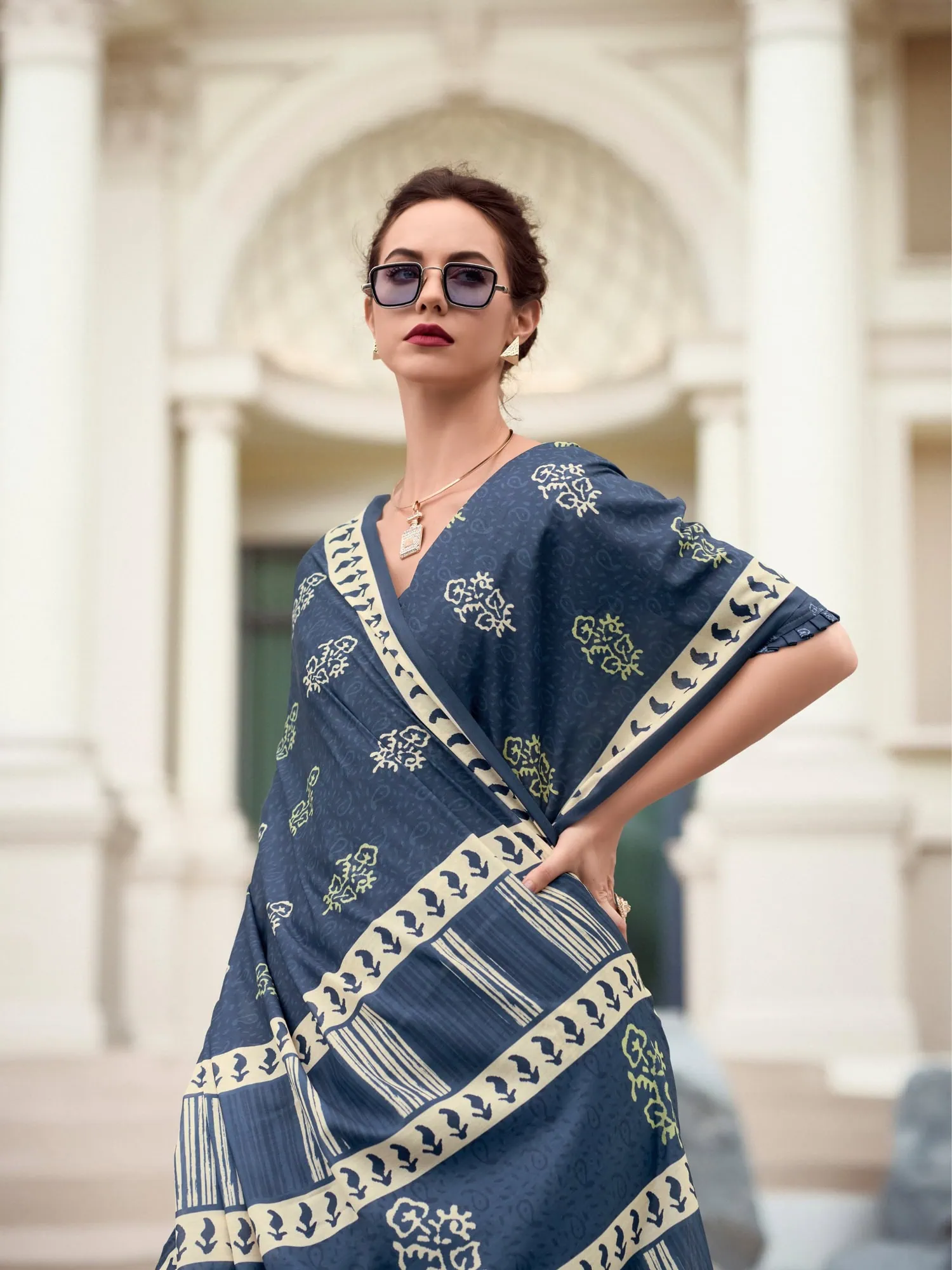 Blue Printed Mal Mal Silk Saree